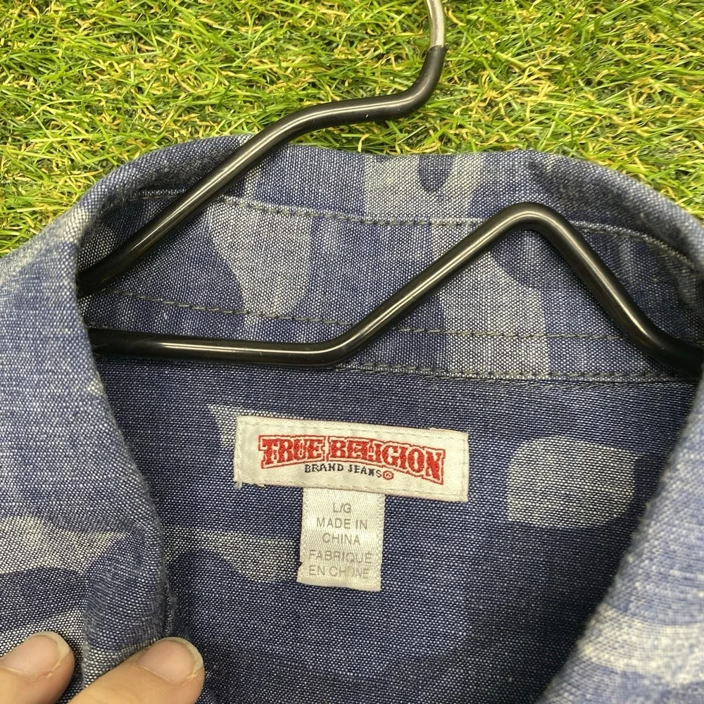 True Religion Western Shirt Mens Large Blue Camo Long Sleeve Button Up AOP 2000s
